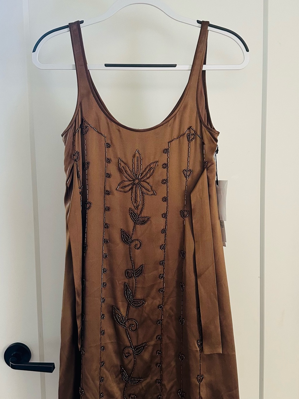 NWT Susana Monaco 100% silk bronze beaded dress, size 4, small mark noted